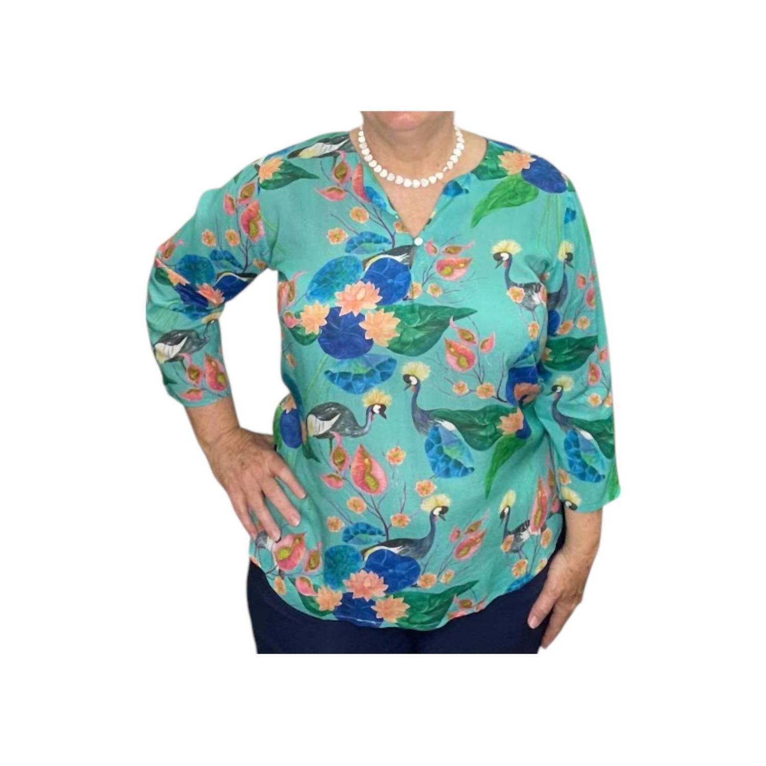 New Dolma Water Lily Print Three-Quarter Sleeve Top In Turquoise